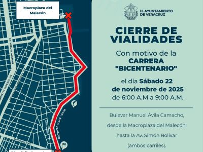  Ayuntamiento de Veracruz anuncia cierre del bulevar Ávila Camacho por carrera del Bicentenario