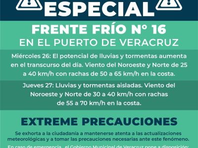 PC emite Aviso Especial por Frente Frío No.16; Gobierno Municipal exhorta a la ciudadanía a mantenerse alerta